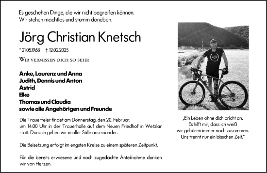 Traueranzeige von Jörg Christian Knetsch von Wetzlarer Neue Zeitung