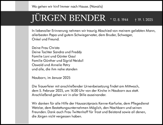Traueranzeige von Jürgen Bender von Wetzlarer Neue Zeitung
