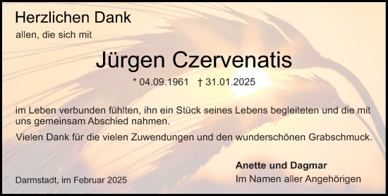Traueranzeige von Jürgen Czervenatis von Darmstädter Echo