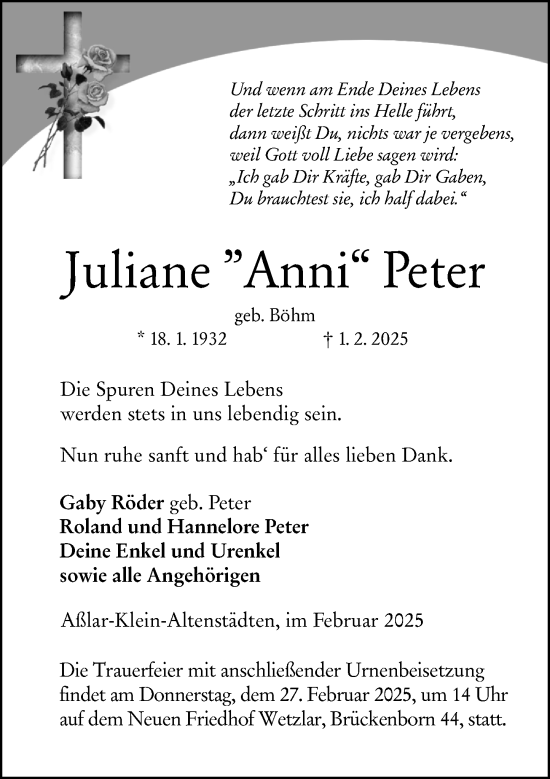 Traueranzeige von Juliane Peter von Wetzlarer Neue Zeitung