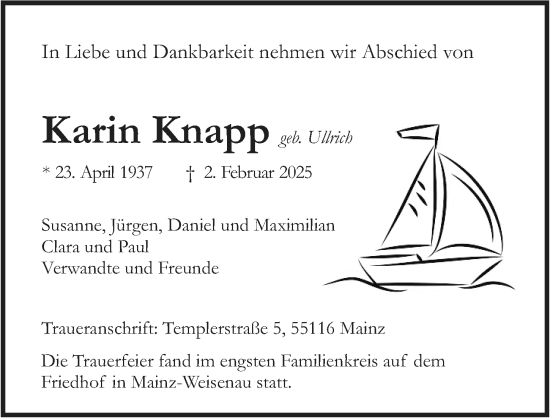 Traueranzeige von Karin Knapp von Allgemeine Zeitung Mainz