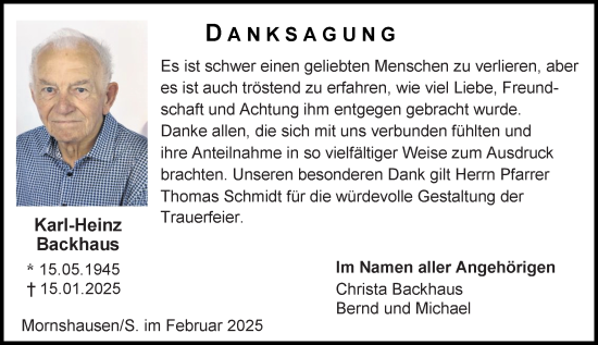 Traueranzeige von Karl-Heinz Backhaus von Hinterländer Anzeiger