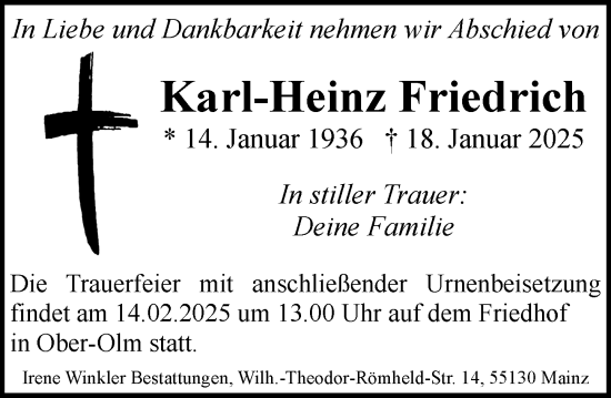 Traueranzeige von Karl-Heinz Friedrich von Allgemeine Zeitung Mainz