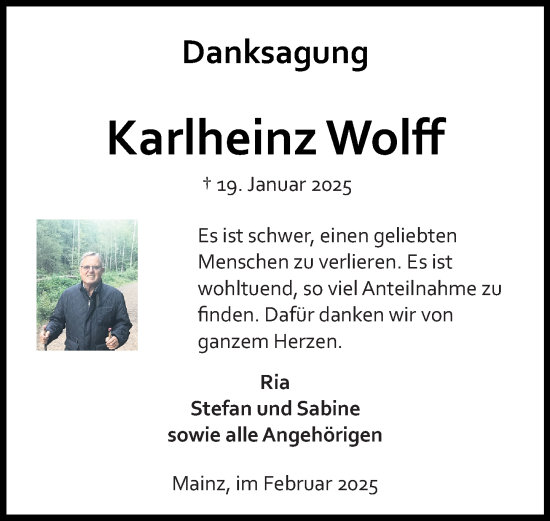 Traueranzeige von Karlheinz Wolff von Allgemeine Zeitung Mainz