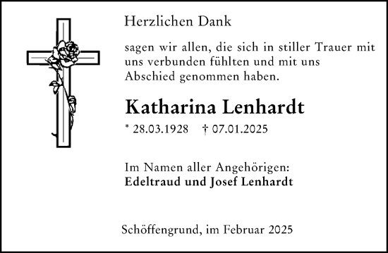 Traueranzeige von Katharina Lenhardt von Wetzlarer Neue Zeitung