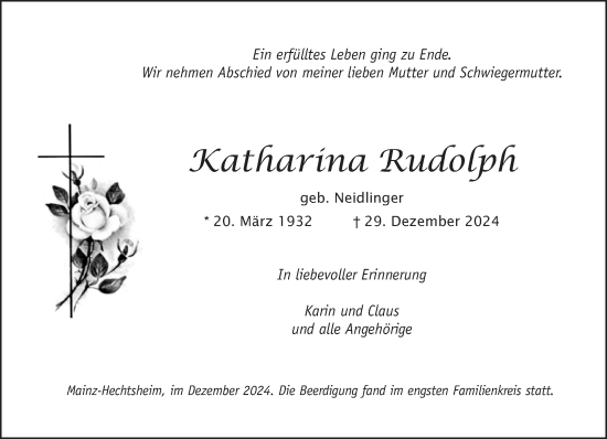Traueranzeige von Katharina Rudolph von Allgemeine Zeitung Mainz