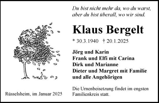 Traueranzeige von Klaus Bergelt von Rüsselsheimer Echo