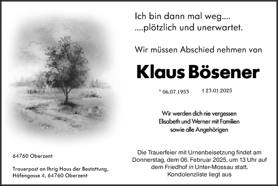Traueranzeige von Klaus Bösener von Odenwälder Echo