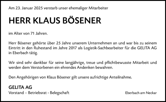 Traueranzeige von Klaus Bösener von Odenwälder Echo
