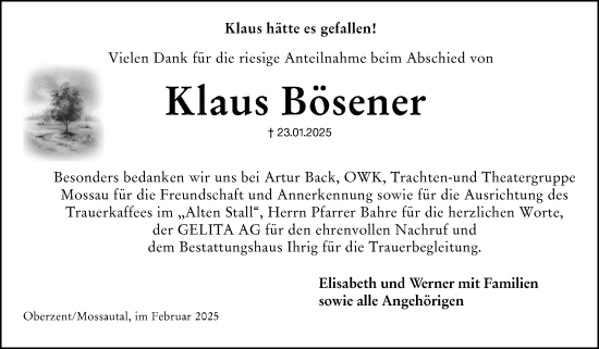 Traueranzeige von Klaus Bösener von Odenwälder Echo