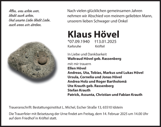 Traueranzeige von Klaus Hövel von Idsteiner Land/Untertaunus