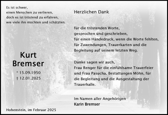 Traueranzeige von Kurt Bremser von Wiesbadener Kurier