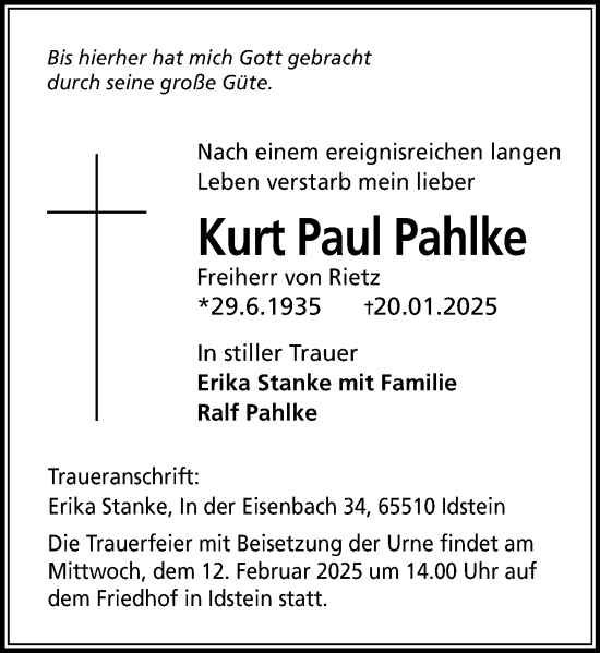 Traueranzeige von Kurt Paul Pahlke von Idsteiner Land/Untertaunus