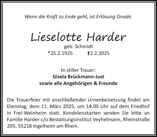 Traueranzeige von Lieselotte Harder von Allgemeine Zeitung Rheinhessen-Nahe