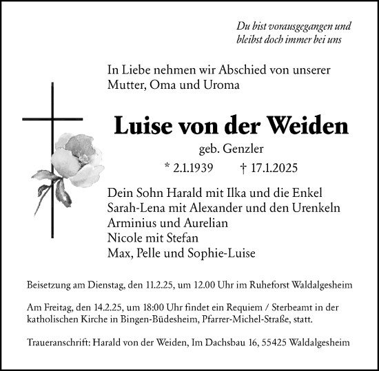 Traueranzeige von Luise von der Weiden von Allgemeine Zeitung Rheinhessen-Nahe