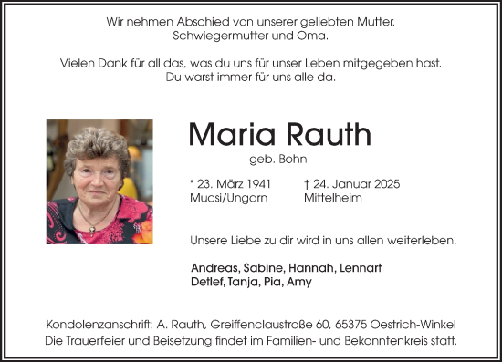 Traueranzeige von Maria Rauth von Rheingau Kurier