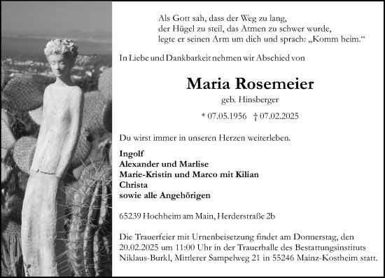 Traueranzeige von Maria Rosemeier von Hochheimer Zeitung