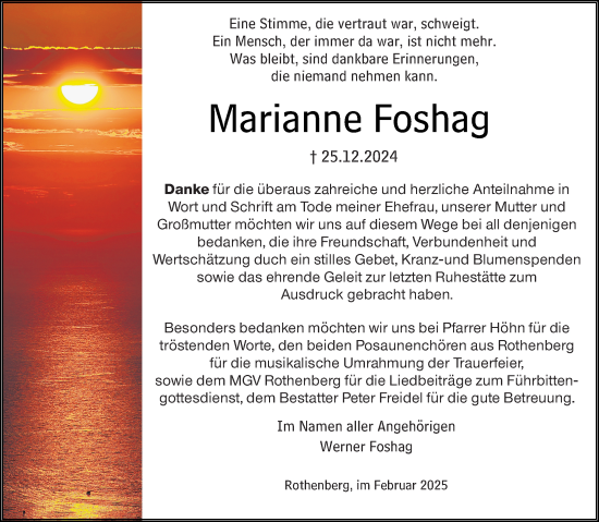 Traueranzeige von Marianne Foshag von Odenwälder Echo