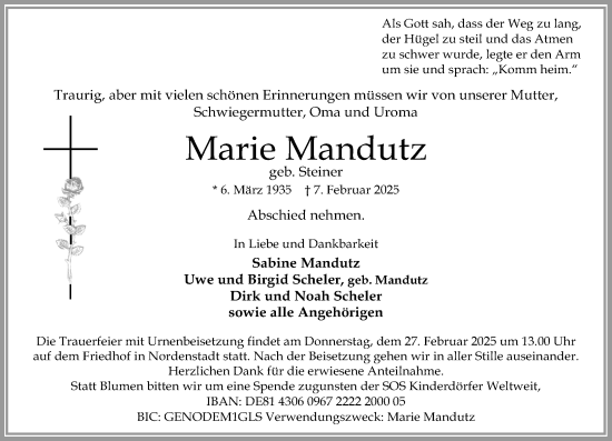 Traueranzeige von Marie Mandutz von Wiesbadener Kurier
