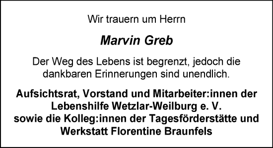 Traueranzeige von Marvin Greb von Weilburger Tageblatt