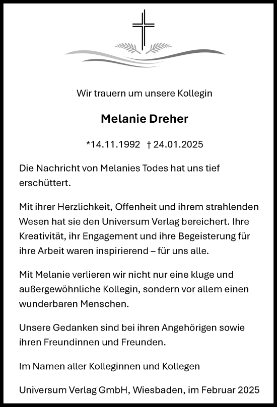 Traueranzeige von Melanie Dreher von Wiesbadener Kurier