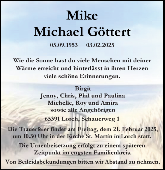 Traueranzeige von Michael Göttert von Rheingau Kurier