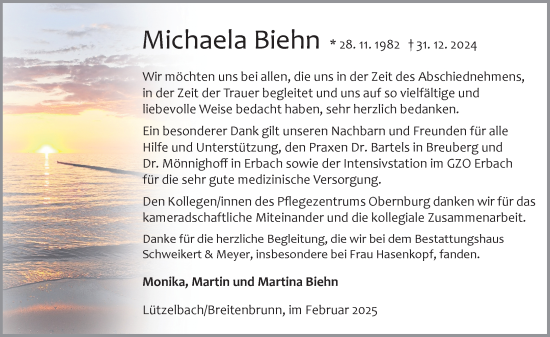 Traueranzeige von Michaela Biehn von Odenwälder Echo