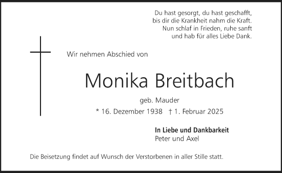 Traueranzeige von Monika Breitbach von Allgemeine Zeitung Mainz