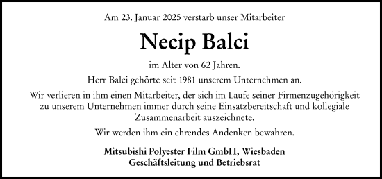 Traueranzeige von Necip Balci von Wiesbadener Kurier