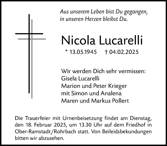 Traueranzeige von Nicola Lucarelli von Darmstädter Echo