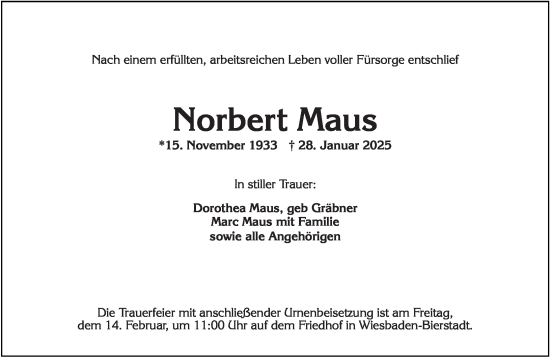 Traueranzeige von Norbert Maus von Wiesbadener Kurier