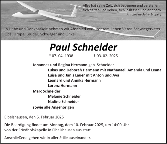 Traueranzeige von Paul Schneider von Dill Block