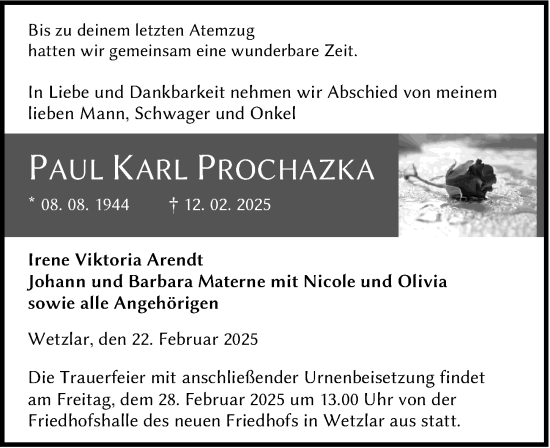 Traueranzeige von Paul Karl Prochazka von Wetzlarer Neue Zeitung