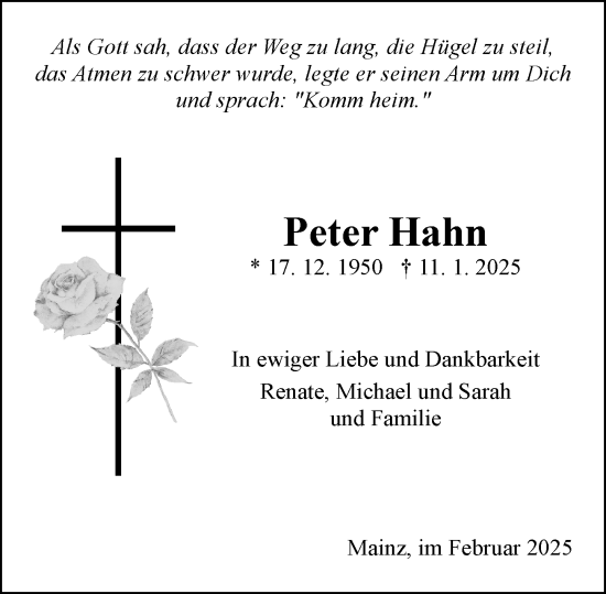 Traueranzeige von Peter Hahn von Allgemeine Zeitung Mainz