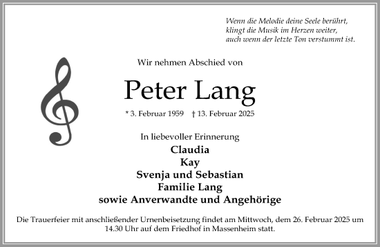 Traueranzeige von Peter Lang von Hochheimer Zeitung