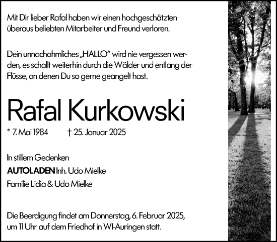 Traueranzeige von Rafal Kurkowski von Wiesbadener Kurier