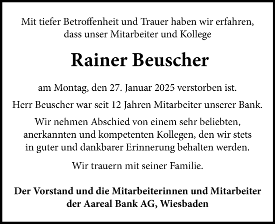 Traueranzeige von Rainer Beuscher von Wiesbadener Kurier