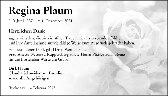 Traueranzeige von Regina Plaum von Hinterländer Anzeiger