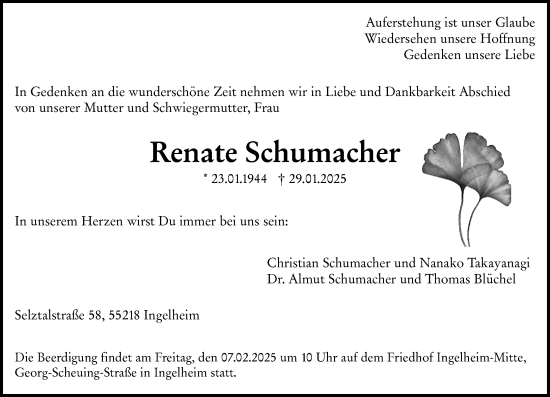 Traueranzeige von Renate Schumacher von Allgemeine Zeitung Rheinhessen-Nahe