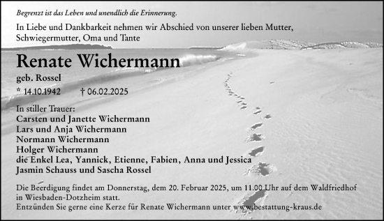Traueranzeige von Renate Wichermann von Wiesbadener Kurier