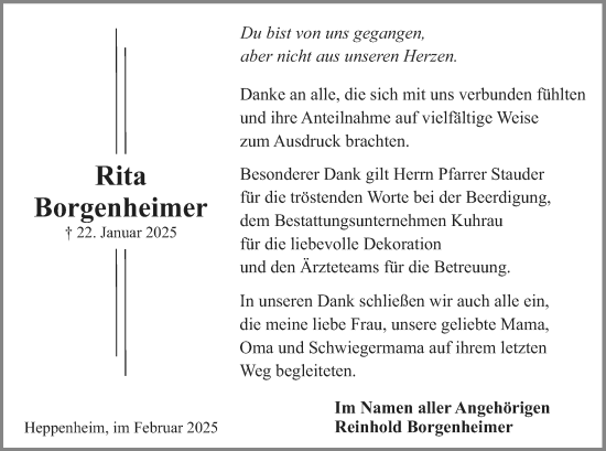 Traueranzeige von Rita Borgenheimer von Starkenburger Echo