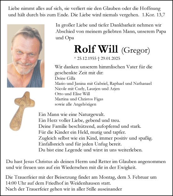 Traueranzeige von Rolf Will von Hinterländer Anzeiger