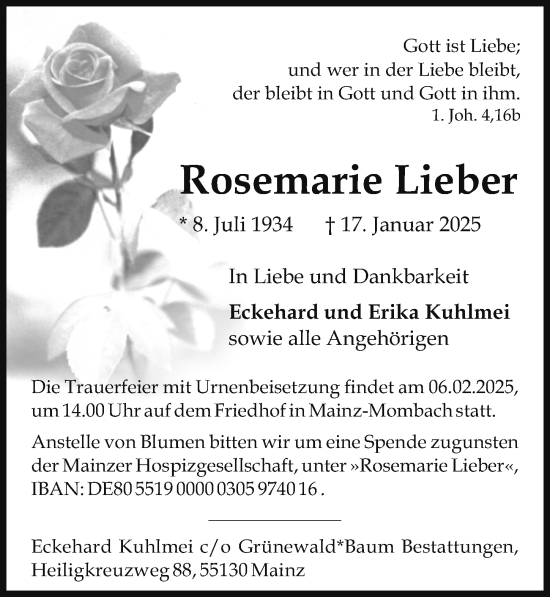 Traueranzeige von Rosemarie Lieber von Allgemeine Zeitung Mainz