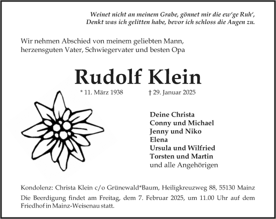 Traueranzeige von Rudolf Klein von Allgemeine Zeitung Mainz