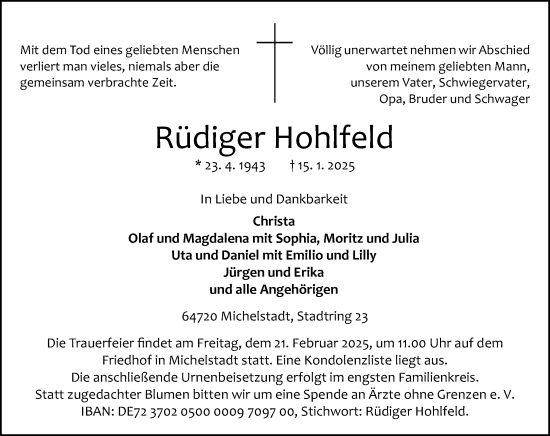 Traueranzeige von Rüdiger Hohlfeld von Odenwälder Echo