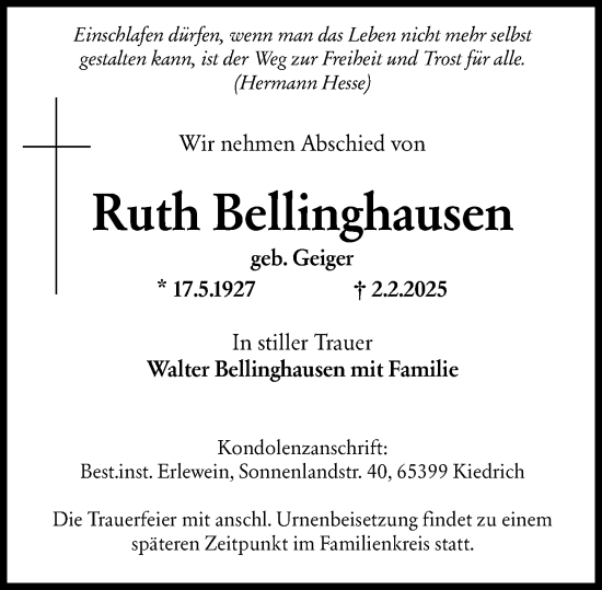 Traueranzeige von Ruth Bellinghausen von Rheingau Kurier