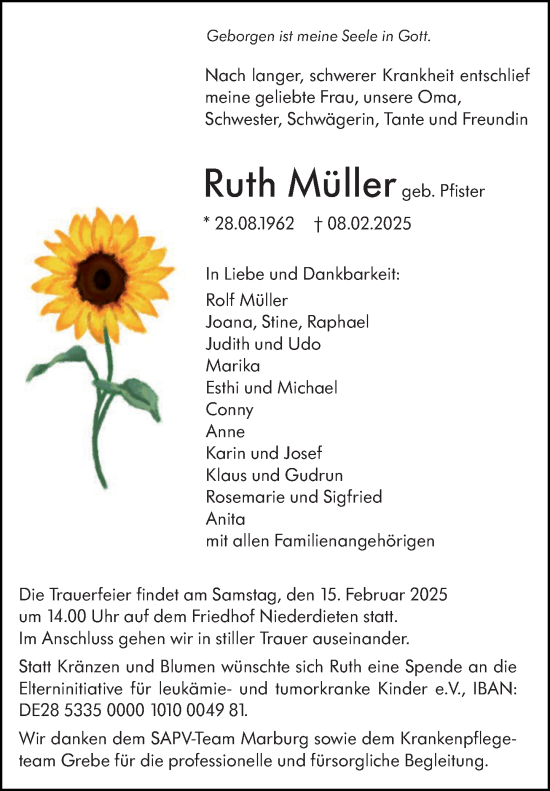Traueranzeige von Ruth Müller von Hinterländer Anzeiger