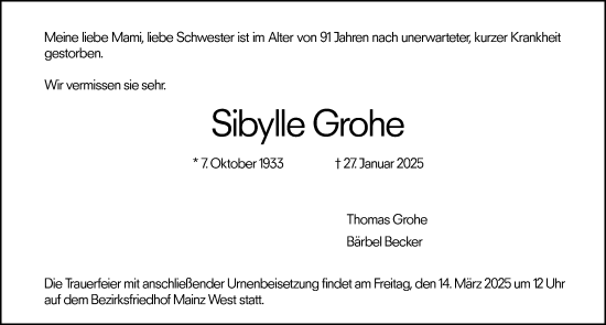 Traueranzeige von Sibylle Grohe von Allgemeine Zeitung Mainz