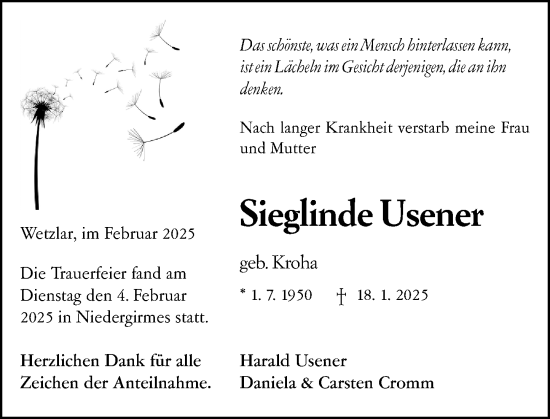 Traueranzeige von Sieglinde Usener von Wetzlarer Neue Zeitung