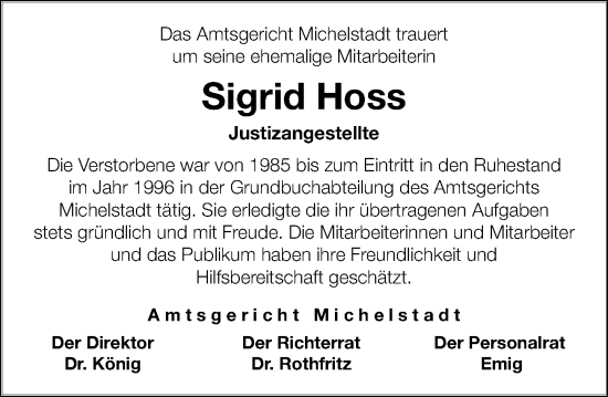 Traueranzeige von Sigrid Hoss von Odenwälder Echo